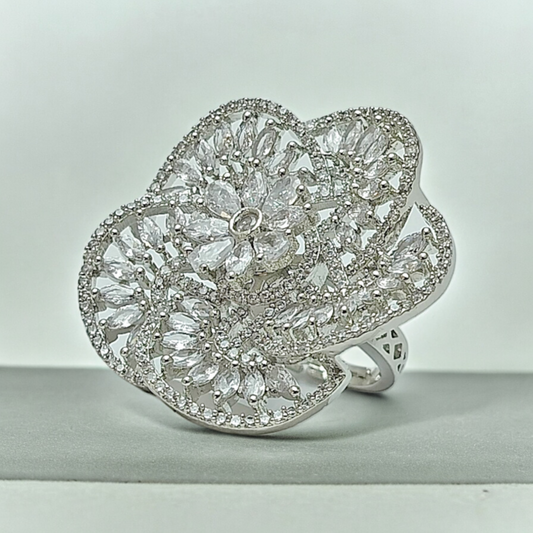 NEERVI SILVER FLORA ZIRCONIA ADJUSTABLE RING