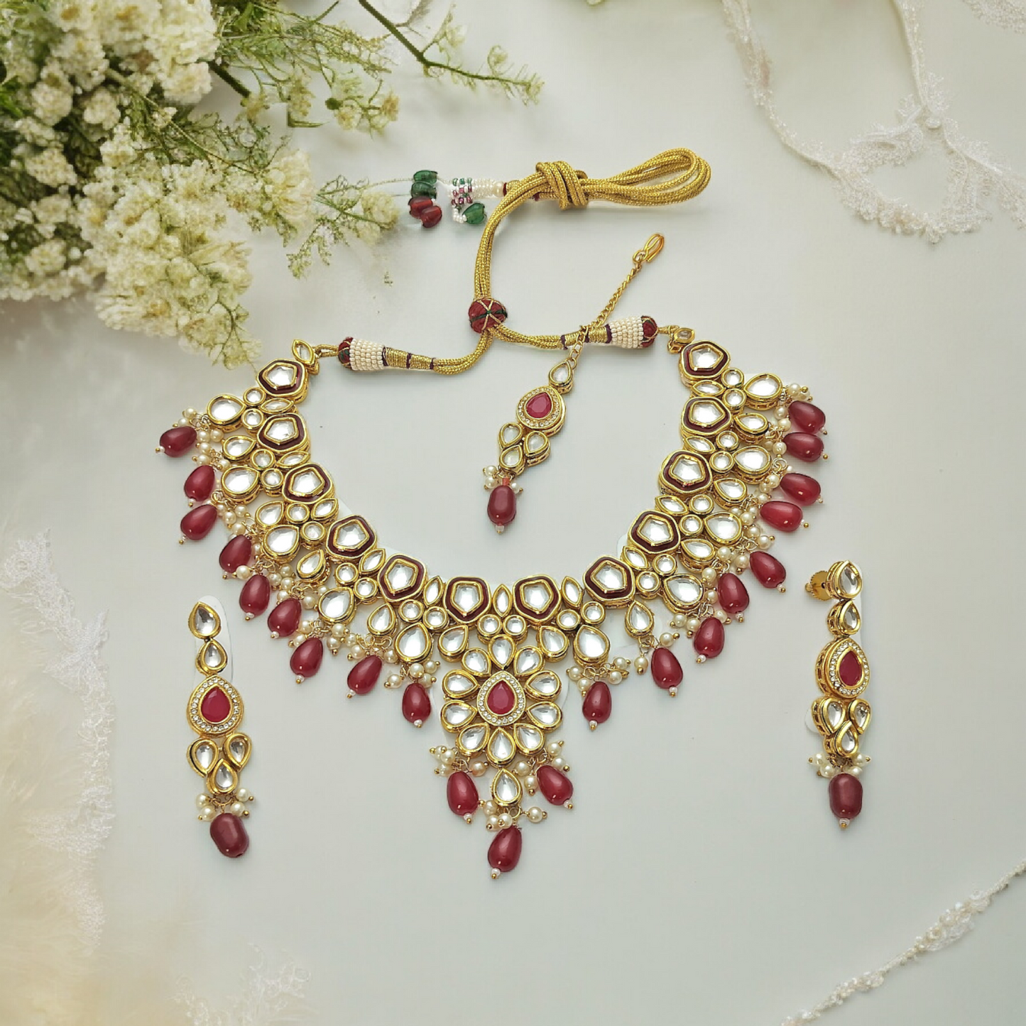 MAJESTIC MAROON KUNDAN NECKLACE SET