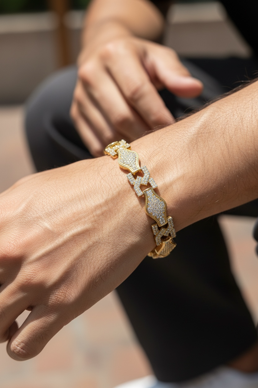 IMPERIO GRID GOLD PLATED DIAMOND BRACELET FOR MEN -  BOLD SQAURE LUXURY DESIGN