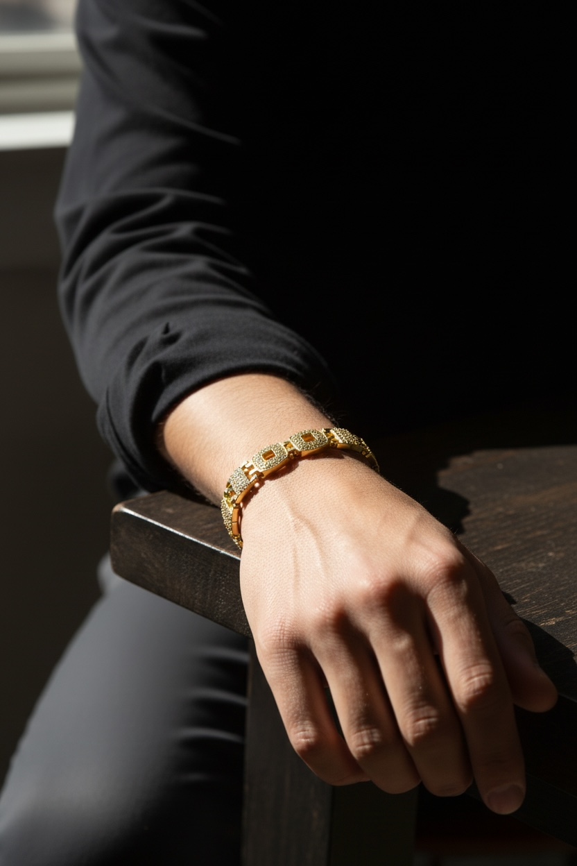 SOVERIGN CREST GOLD PLATED DIAMOND BRACELET FOR MEN -  ROYAL LUXURY WEDDING BRACELET