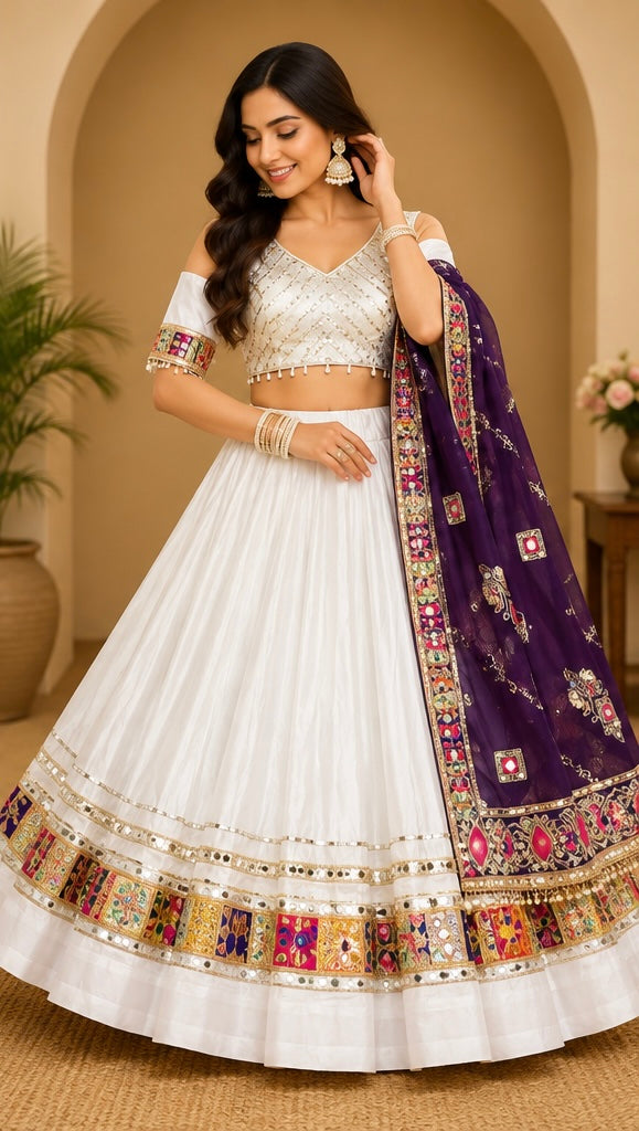 Woman wearing Rangrez white and purple Navratri Chaniya Choli